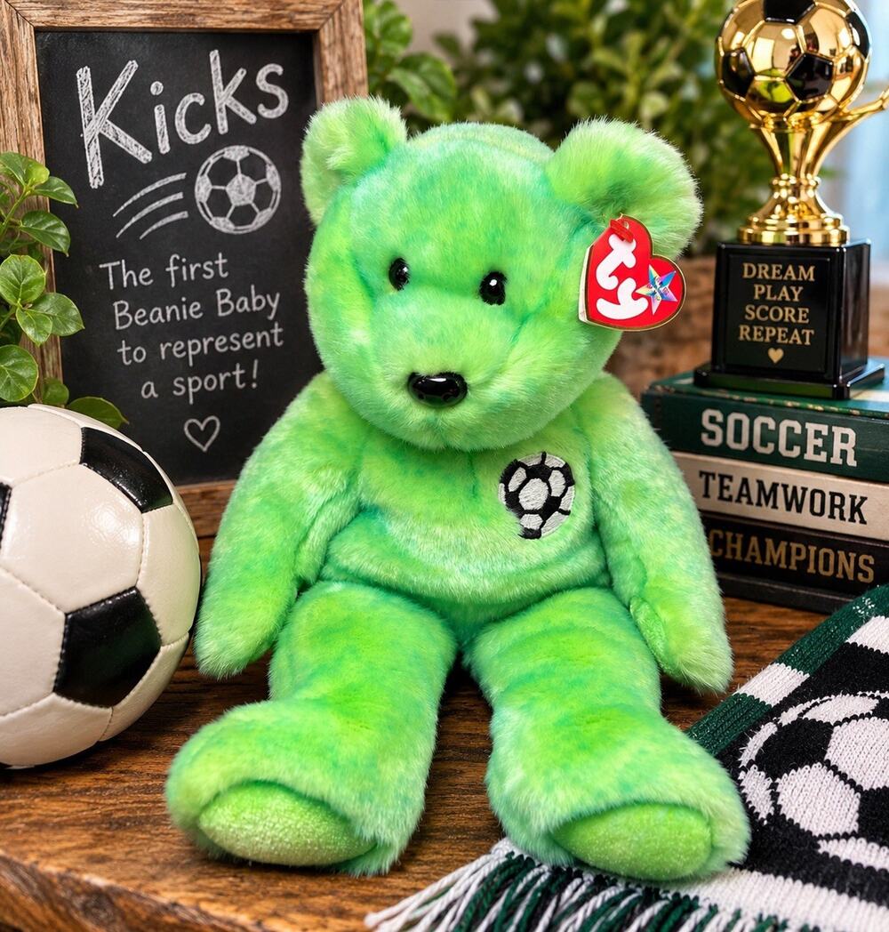 TY Beanie Baby Kicks Green Soccer Bear Original Tags Retired Vintage 1999